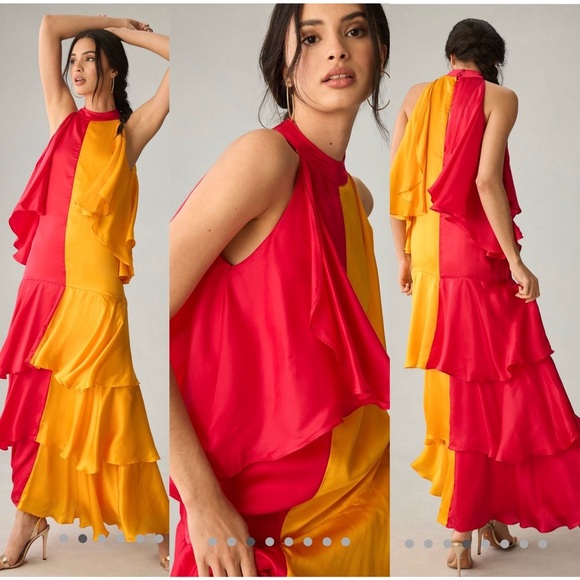 Anthropologie Pinnacle by Shruti Sancheti Mock-Neck Colorblock Ruffle Dress New - Picture 1 of 5